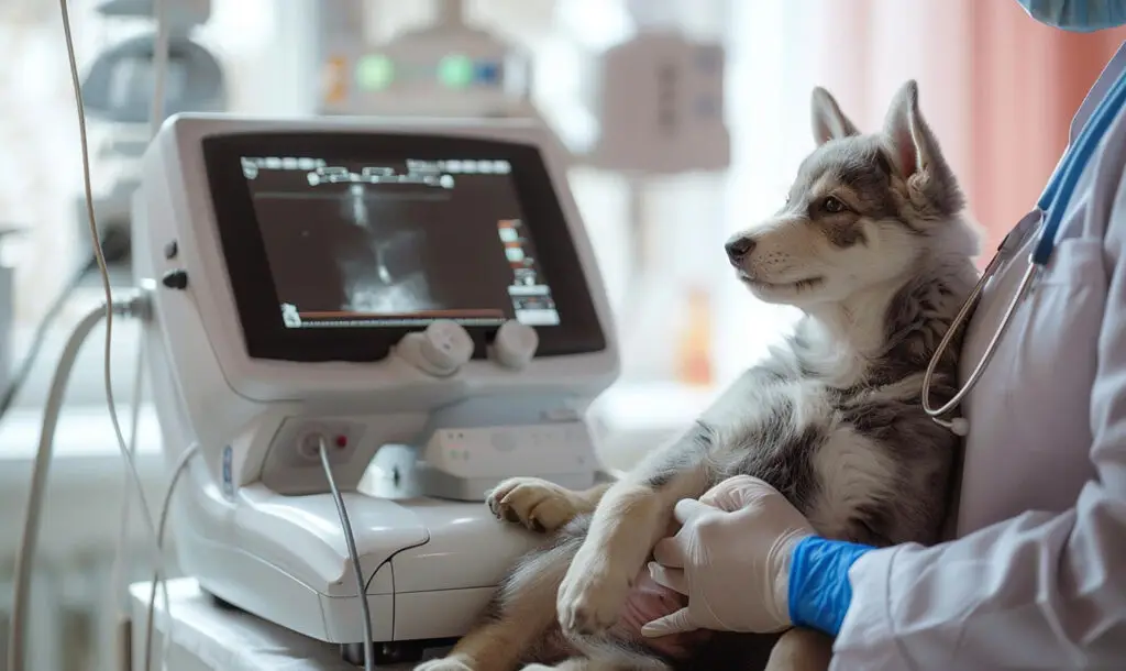 Veterinarian performing a pet ultrasound on a dog using veterinary diagnostic imaging equipment in Massachusetts clinic.