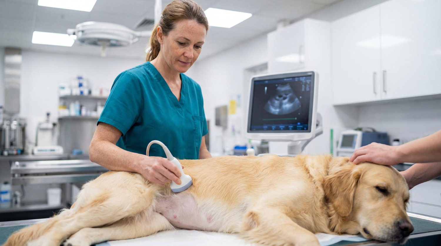 Veterinary diagnostic imaging ultrasound exam of a dog during a veterinary abdominal ultrasound procedure.