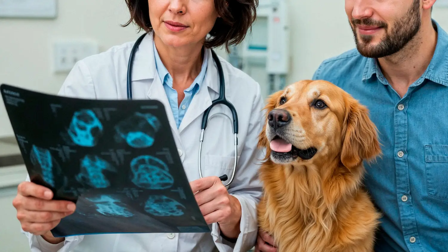 Veterinarian reviewing pet diagnostic imaging with a dog and owner during a veterinary ultrasound consultation.

