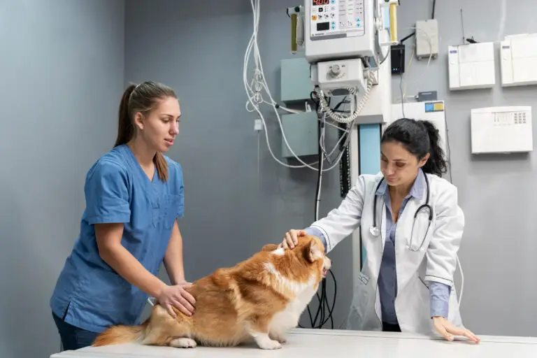 Veterinarian examining a dog during pet urgent care with veterinary diagnostic equipment inside a modern animal hospital.
