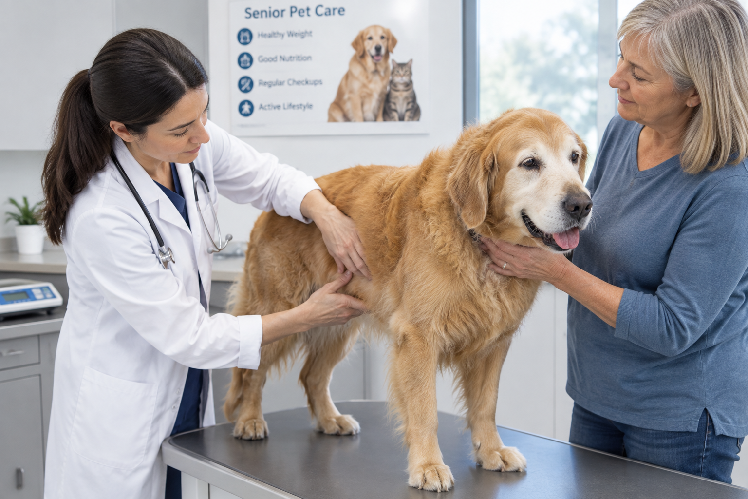 Veterinarian checking a senior dog’s weight and overall health during a routine veterinary examination.