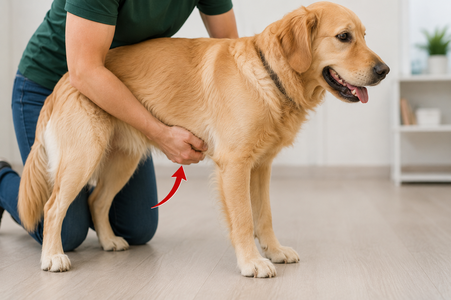 Dog receiving abdominal thrusts from a pet owner during choking first aid for an emergency situation