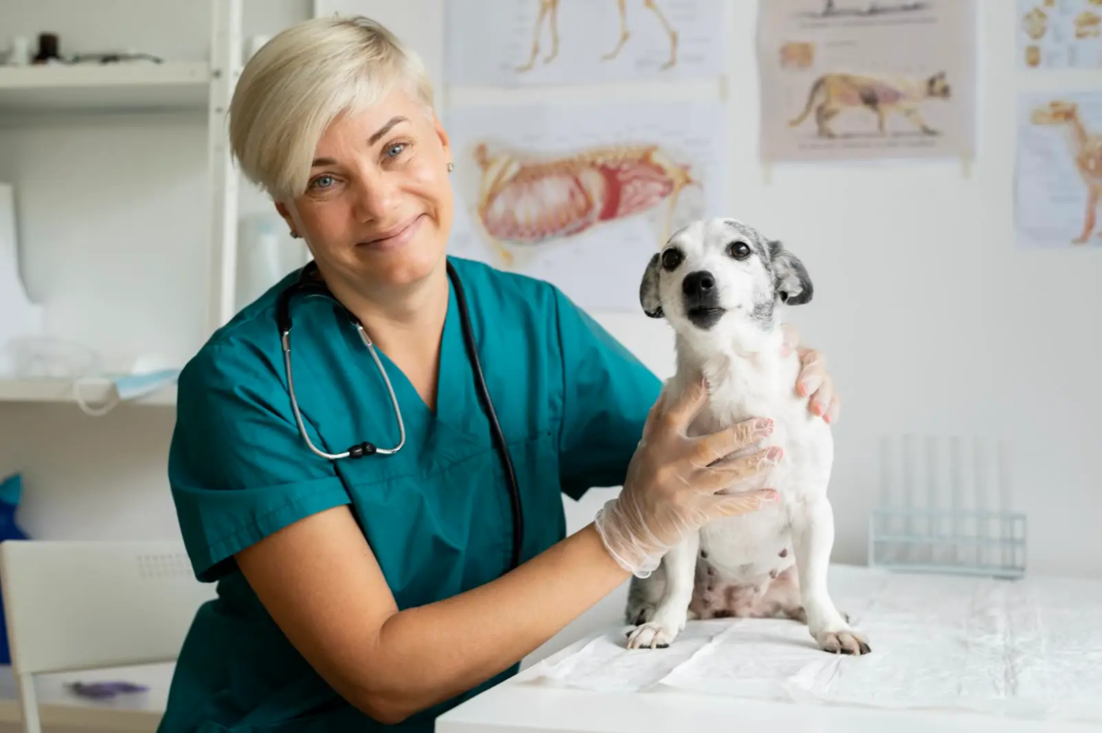 Veterinarian in teal scrubs examines small dog on exam table