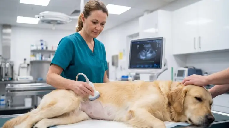 Veterinarian performing ultrasound scan on sedated golden retriever lying on exam table