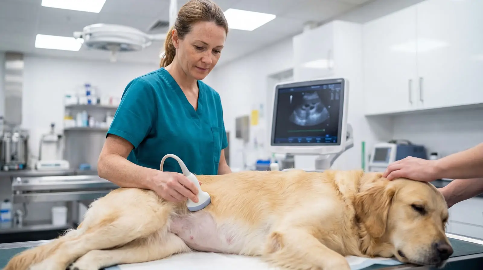 Veterinarian performing ultrasound scan on sedated golden retriever lying on exam table